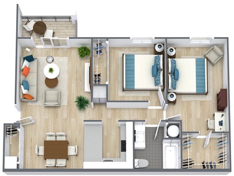 A top-down view of a house interior with a living room, kitchen, and bathroom.